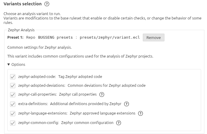 Selected preset and options